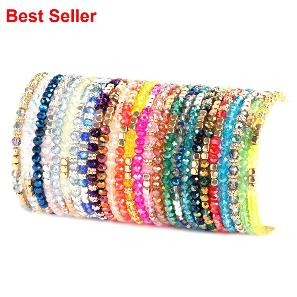 Glass Beaded Bracelets Set Stretch Cuff Stackable Crystal Jewelry